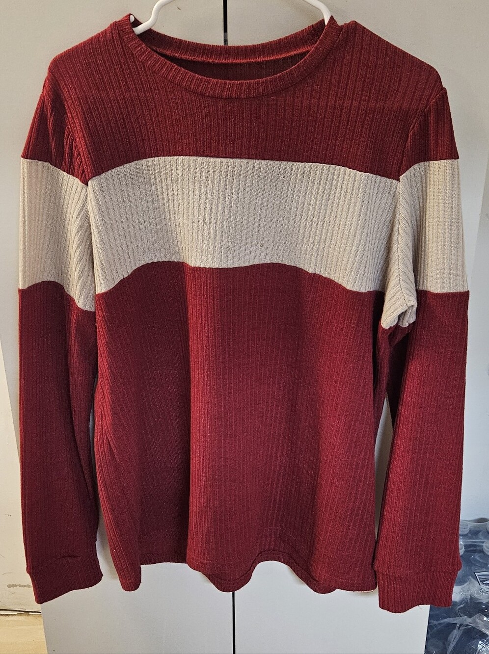 Women's Red and Cream Colorblock Ribbed Sweater